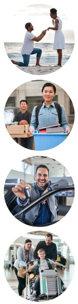 A series of image bubbles with individuals taking on life changes. Marriage, Moving, Car Buying, etc.